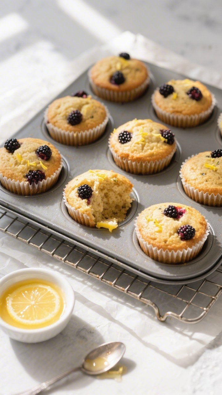 Overhead shot of freshly baked keto blackberry lemon muffins cooling in a 12-cup muffin tin on a wir