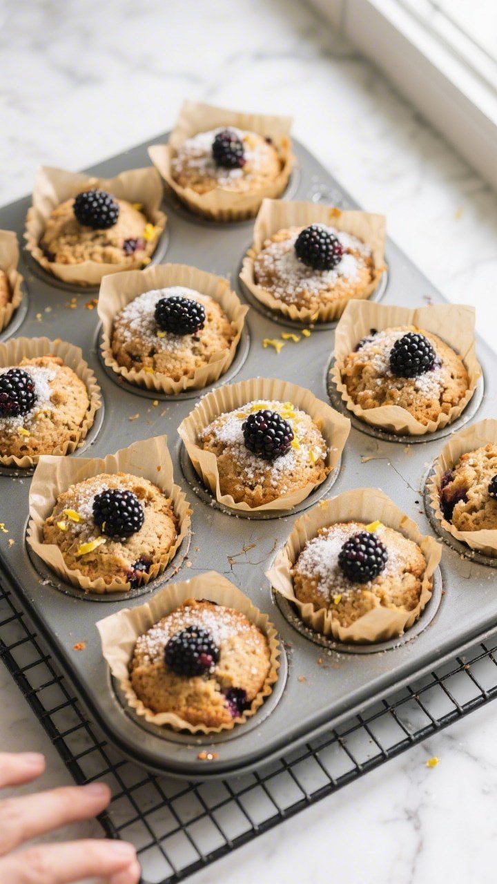 Overhead shot of freshly baked keto blackberry muffins cooling in a 12-cup muffin tin lined with par