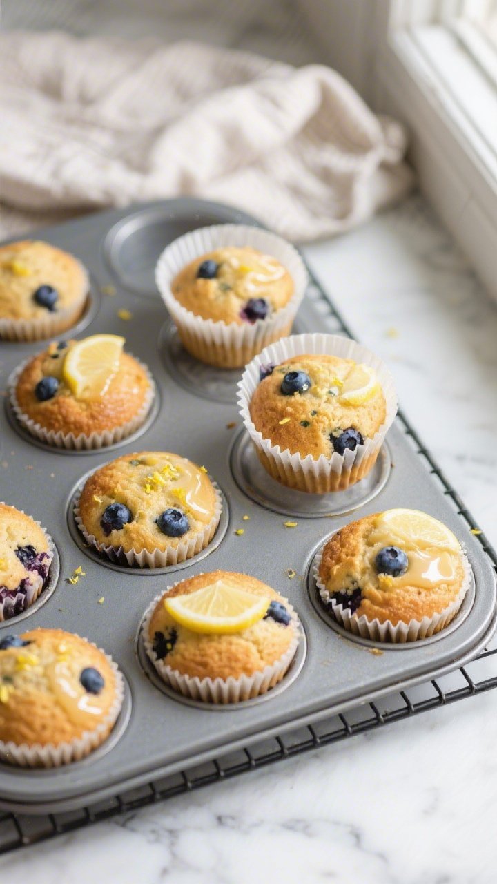 Overhead shot of freshly baked keto blueberry lemon muffins cooling in a metal muffin tin on a wire 