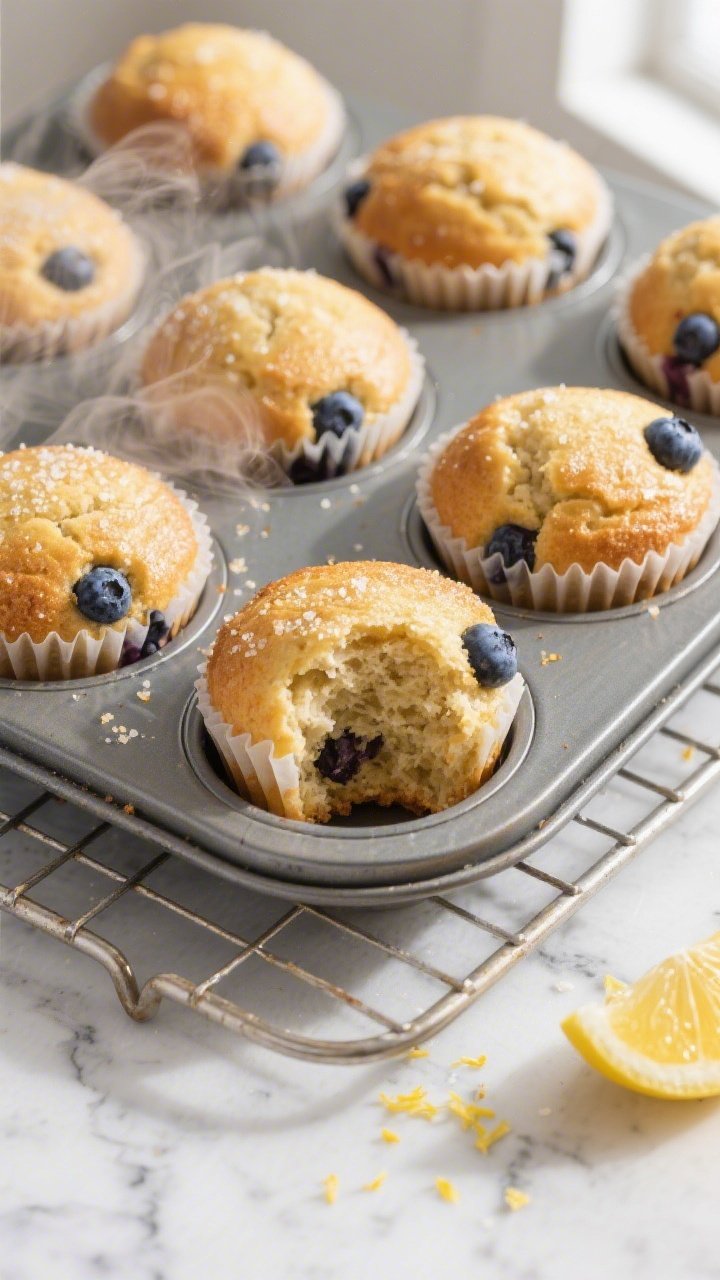 Overhead shot of freshly baked keto blueberry muffins cooling in a parchment-lined muffin tin on a w
