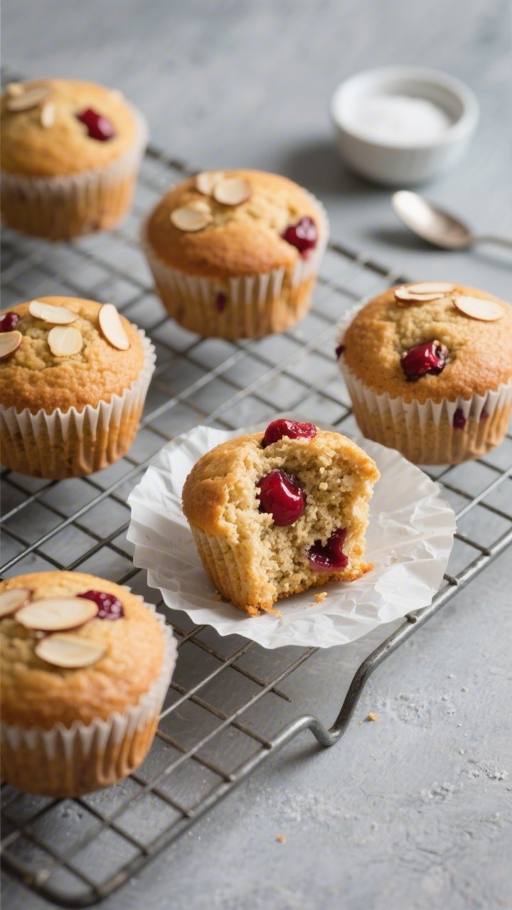 Overhead shot of freshly baked Keto Cherry Almond Muffins cooling on a wire rack, golden-brown domes