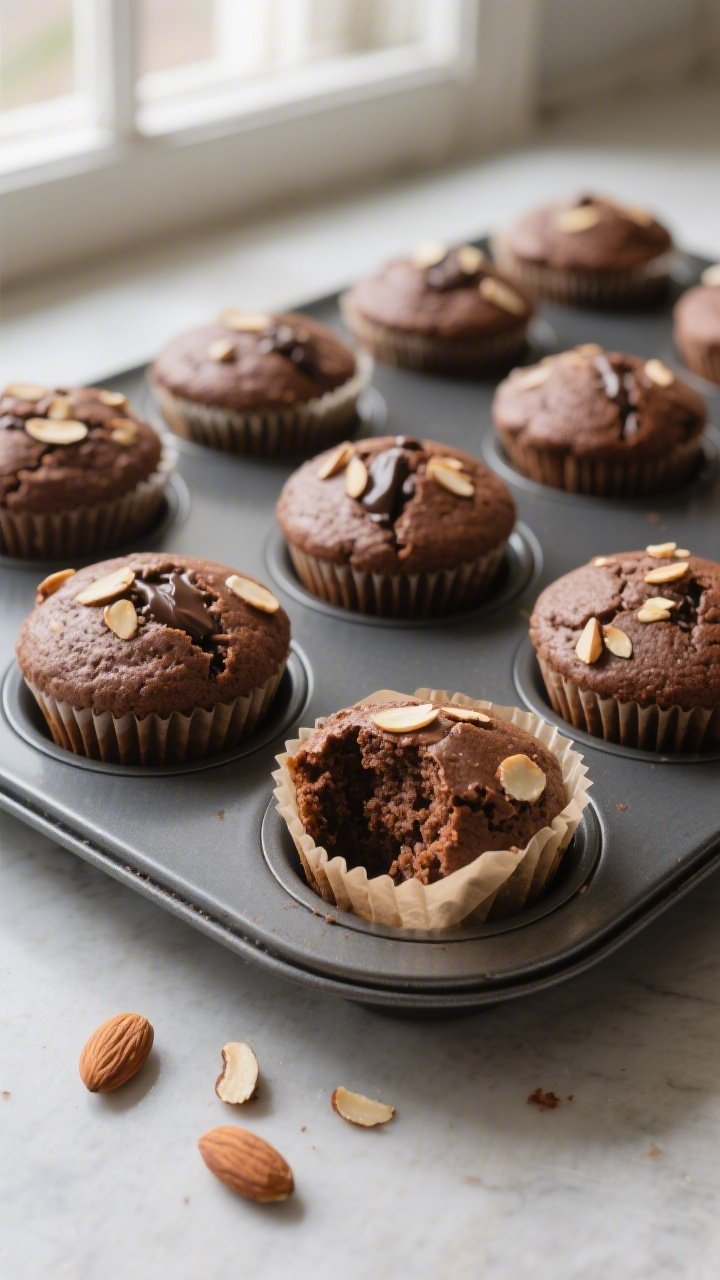 Overhead shot of freshly baked Keto Chocolate Almond Muffins cooling in a 12-cup muffin tin, each mu
