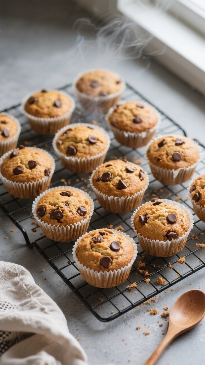 Overhead shot of freshly baked keto chocolate chip muffins cooling in a 12-cup muffin tin on a wire 