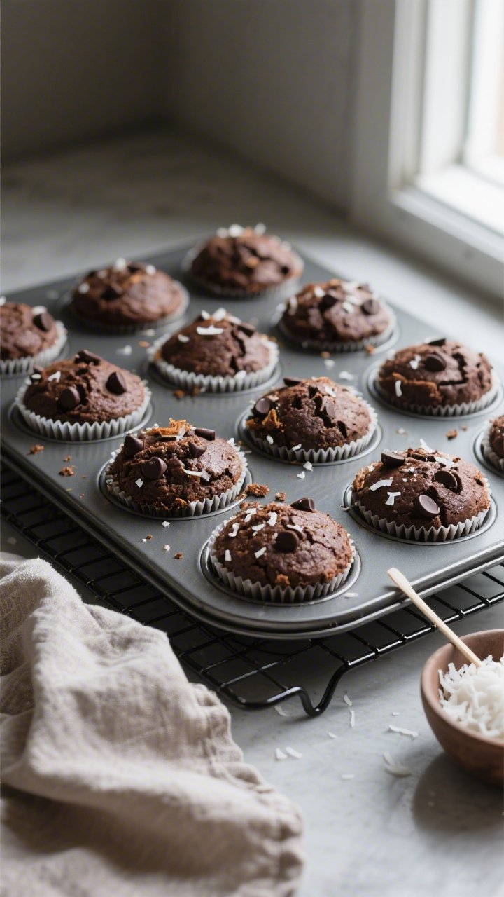 Overhead shot of freshly baked Keto Chocolate Coconut Muffins cooling in a 12-cup muffin tin on a wi