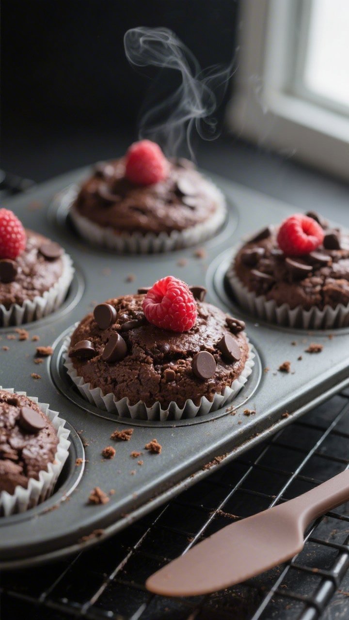 Overhead shot of freshly baked Keto Chocolate Raspberry Muffins still in the muffin tin, paper liner