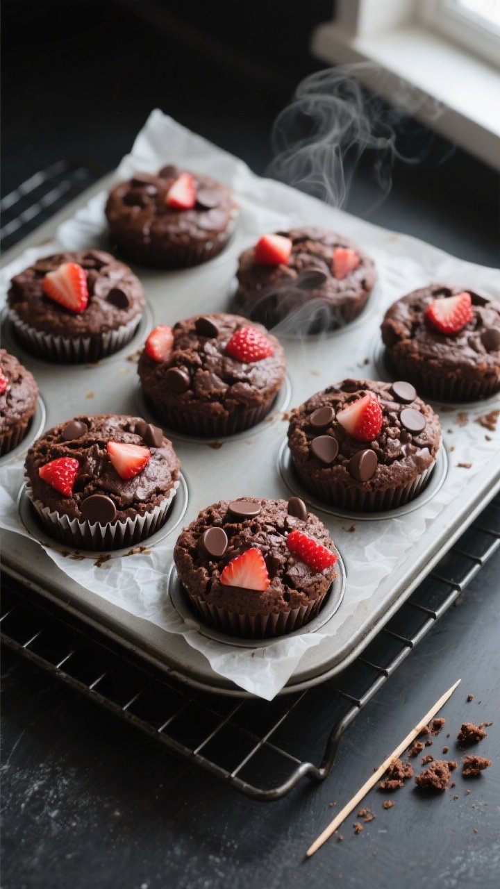 Overhead shot of freshly baked keto chocolate strawberry muffins cooling in a parchment-lined muffin