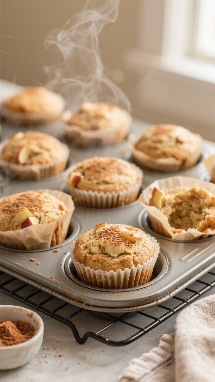 Overhead shot of freshly baked keto cinnamon apple muffins cooling in a parchment-lined muffin tin o