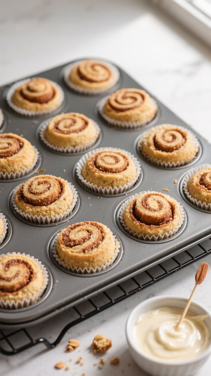 Overhead shot of freshly baked keto cinnamon roll muffins cooling in a lined 12-cup muffin tin on a 