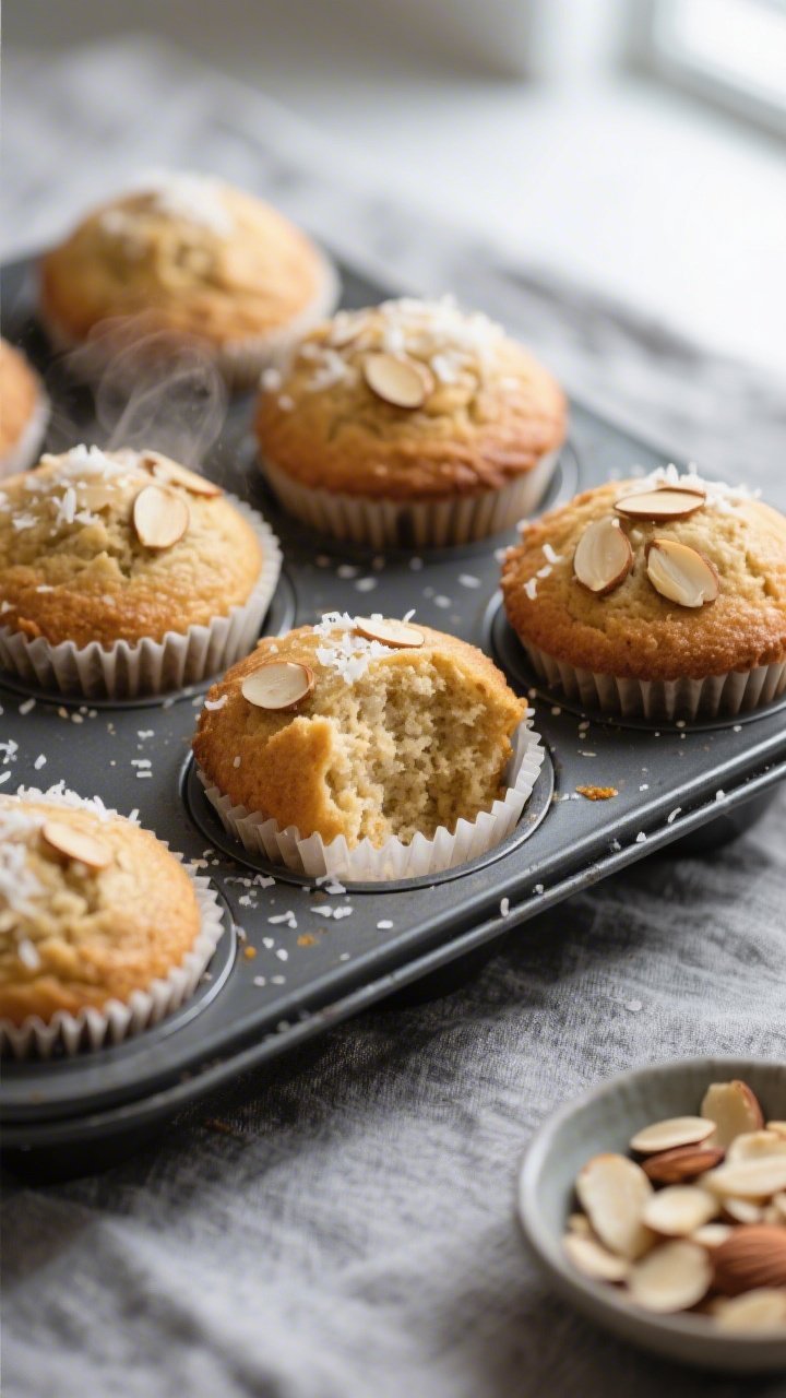Overhead shot of freshly baked Keto Coconut Almond Muffins cooling in the pan, golden tops just set