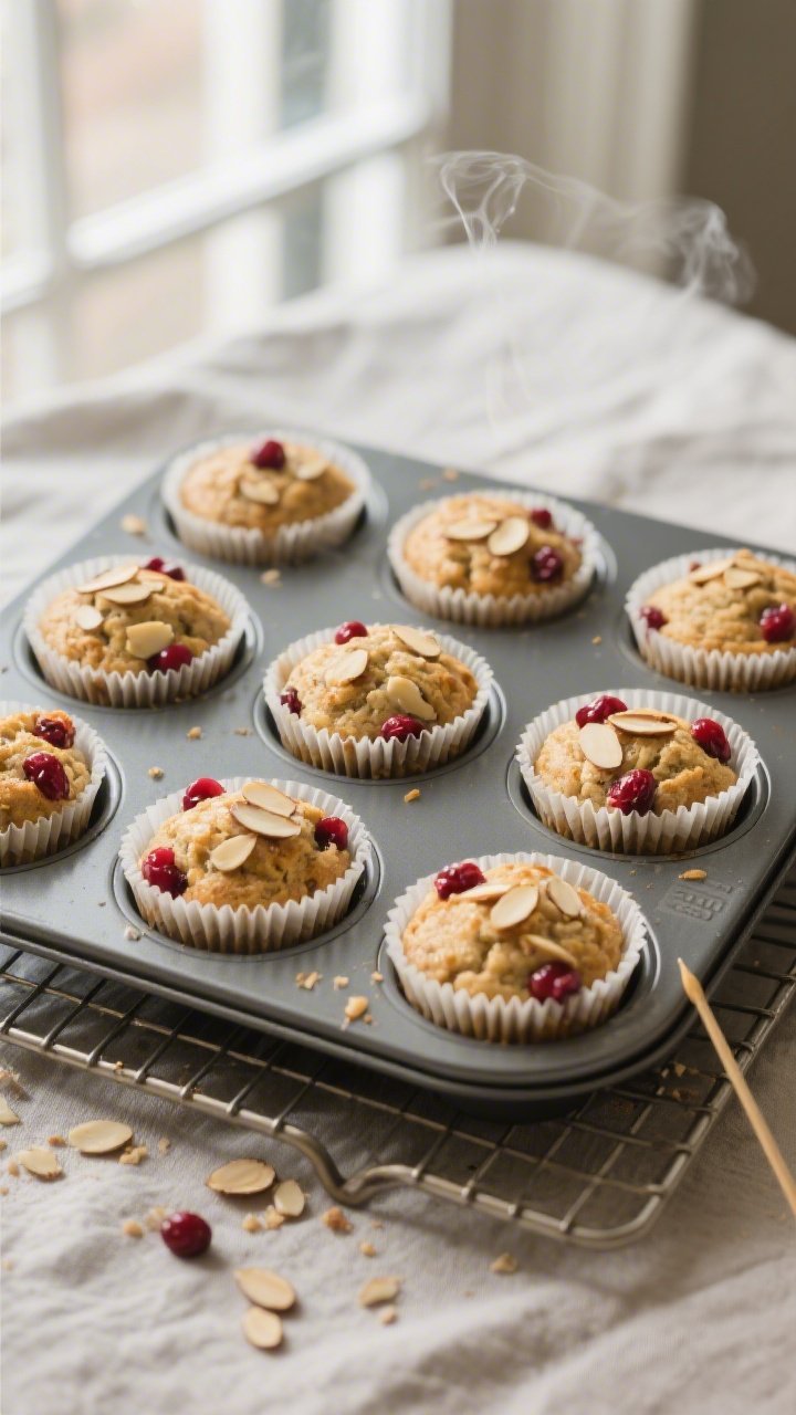 Overhead shot of freshly baked Keto Cranberry Almond Muffins cooling in a 12-cup muffin tin on a wir