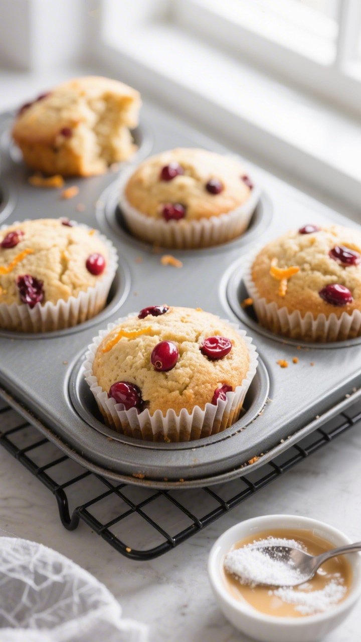 Overhead shot of freshly baked keto cranberry muffins cooling in a parchment-lined muffin tin on a w