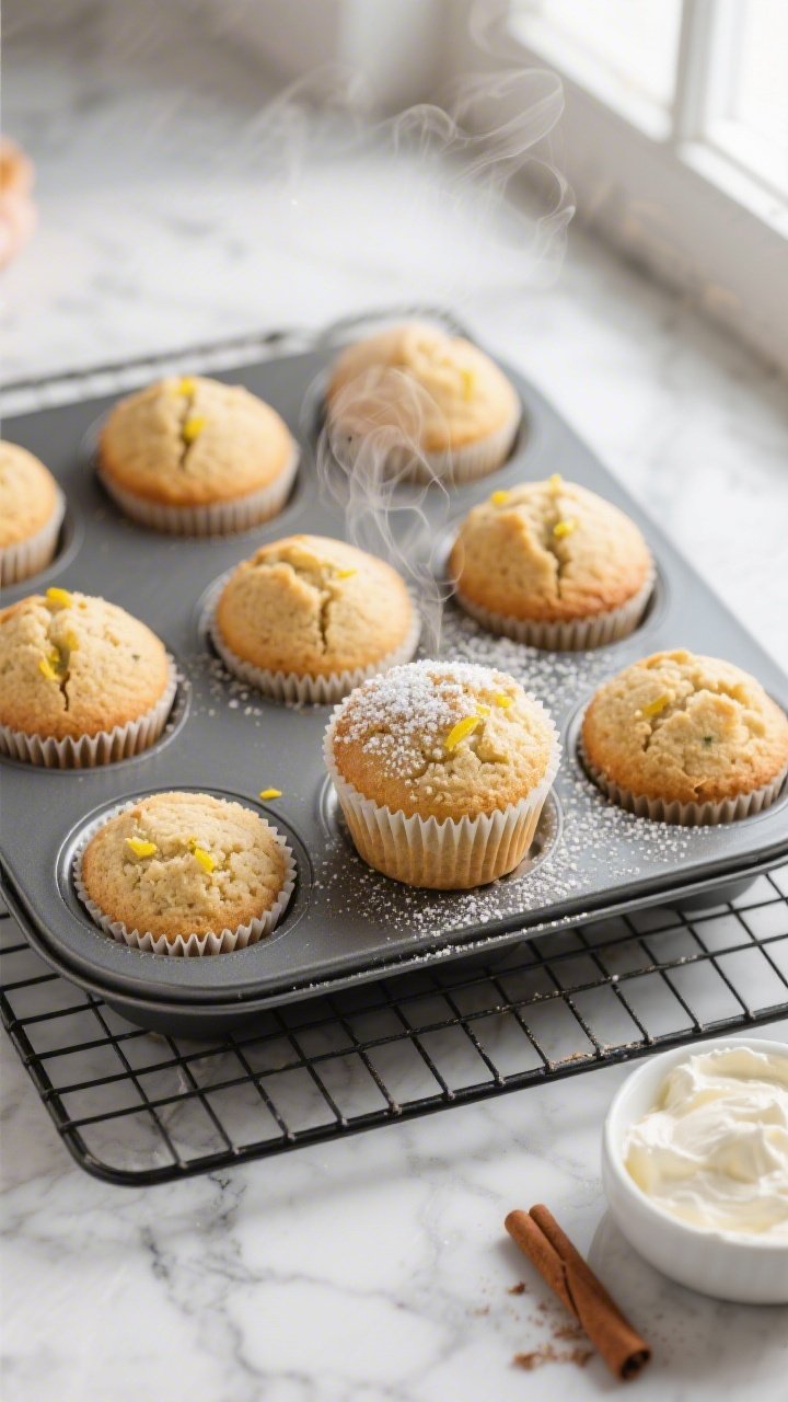 Overhead shot of freshly baked keto cream cheese muffins cooling in a 12-cup tin, domed tops lightly