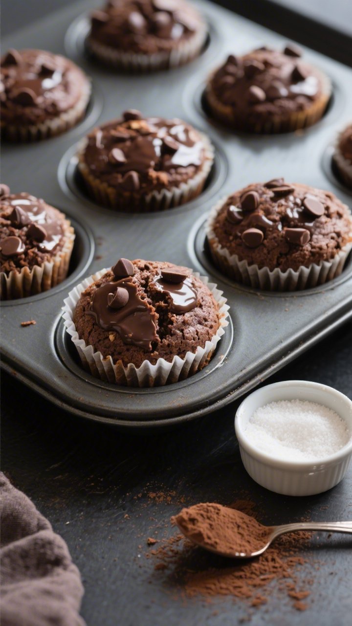 Overhead shot of freshly baked Keto Double Chocolate Muffins cooling in a muffin tin, tops set with 