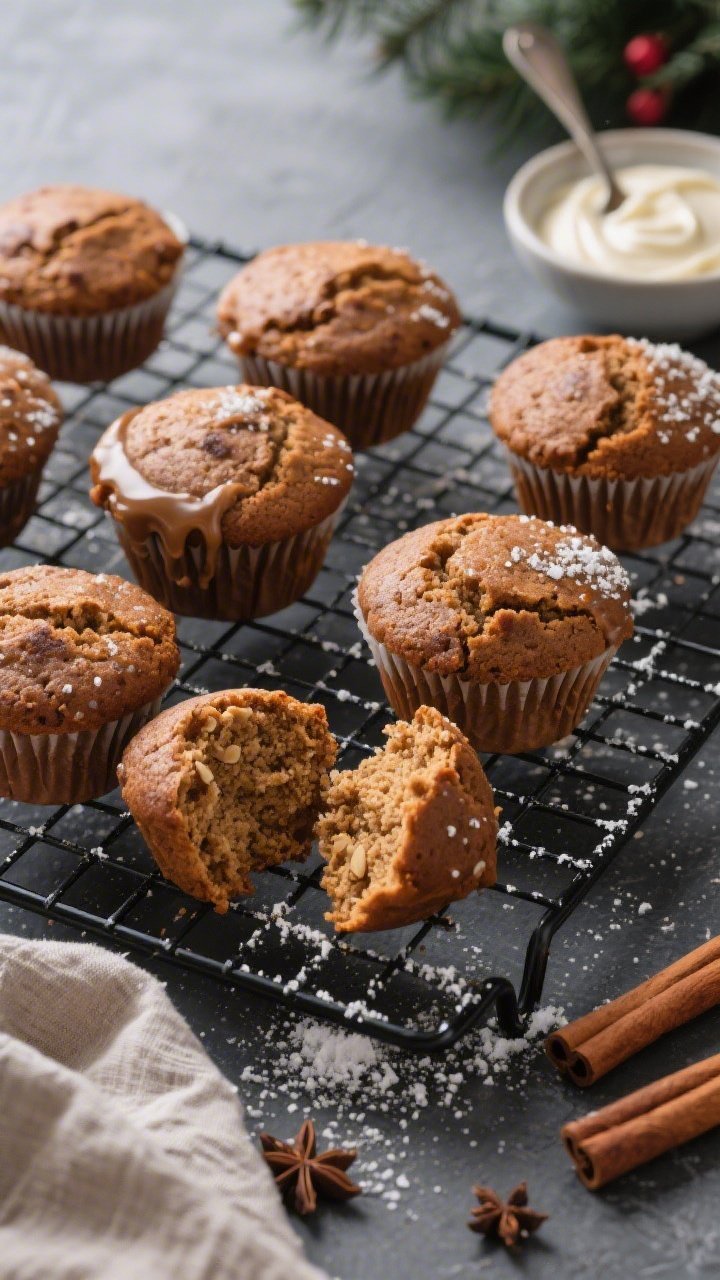 Overhead shot of freshly baked Keto Gingerbread Muffins cooling in a black wire rack, warm brown cru