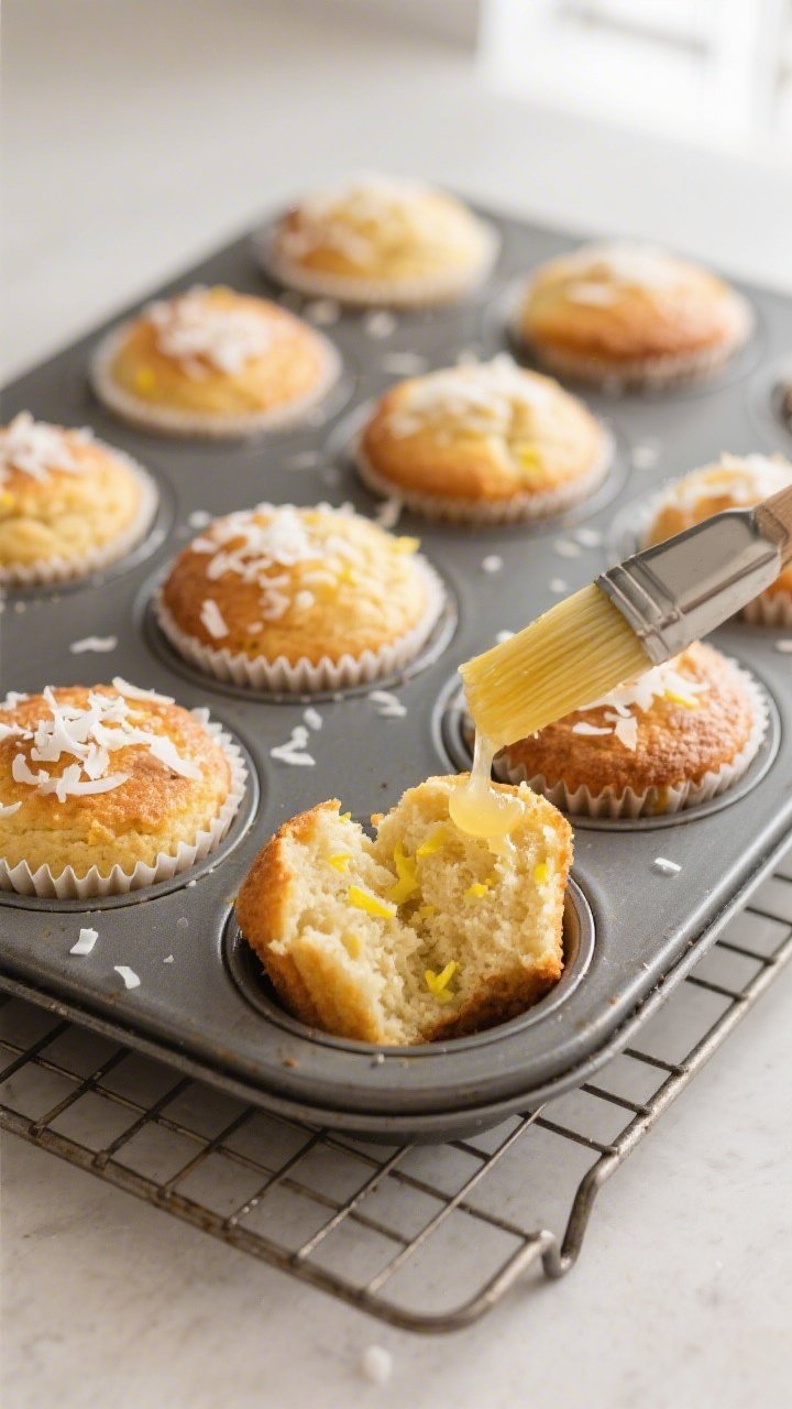 Overhead shot of freshly baked Keto Lemon Coconut Muffins just out of the oven in a lined 12-cup muf