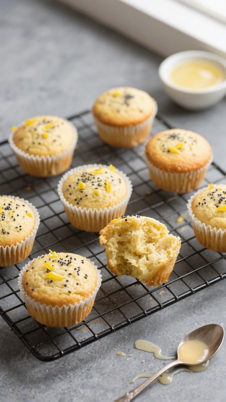 Overhead shot of freshly baked keto lemon poppy seed muffins cooling on a wire rack, lightly golden 