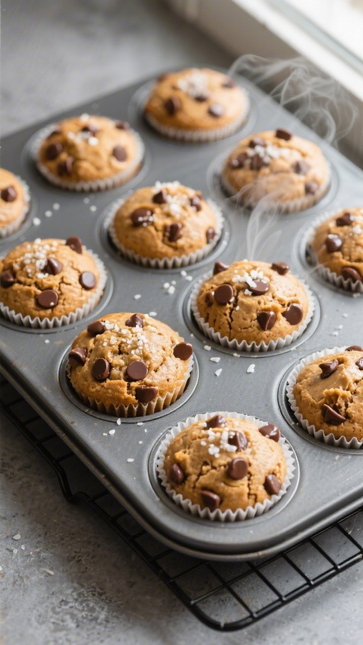 Overhead shot of freshly baked Keto Peanut Butter Chocolate Muffins cooling in a 12-cup muffin tin,