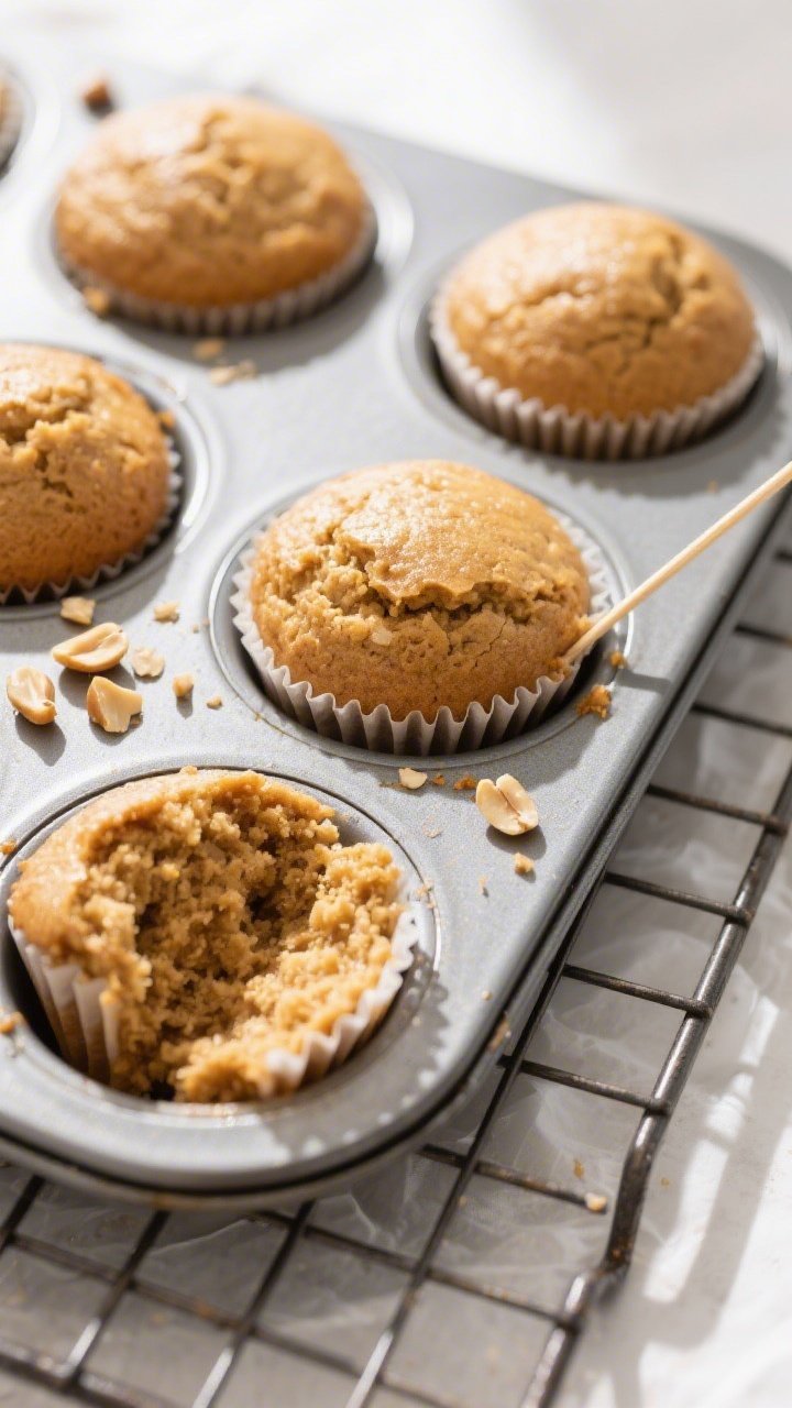 Overhead shot of freshly baked keto peanut butter muffins cooling in a metal muffin tin on a wire ra