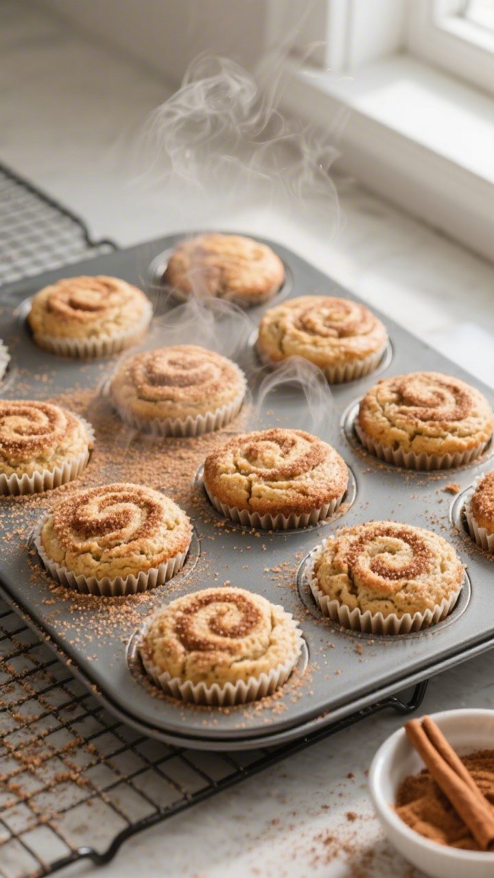 Overhead shot of freshly baked Keto Snickerdoodle Muffins still in a lined 12-cup muffin tin, tops d