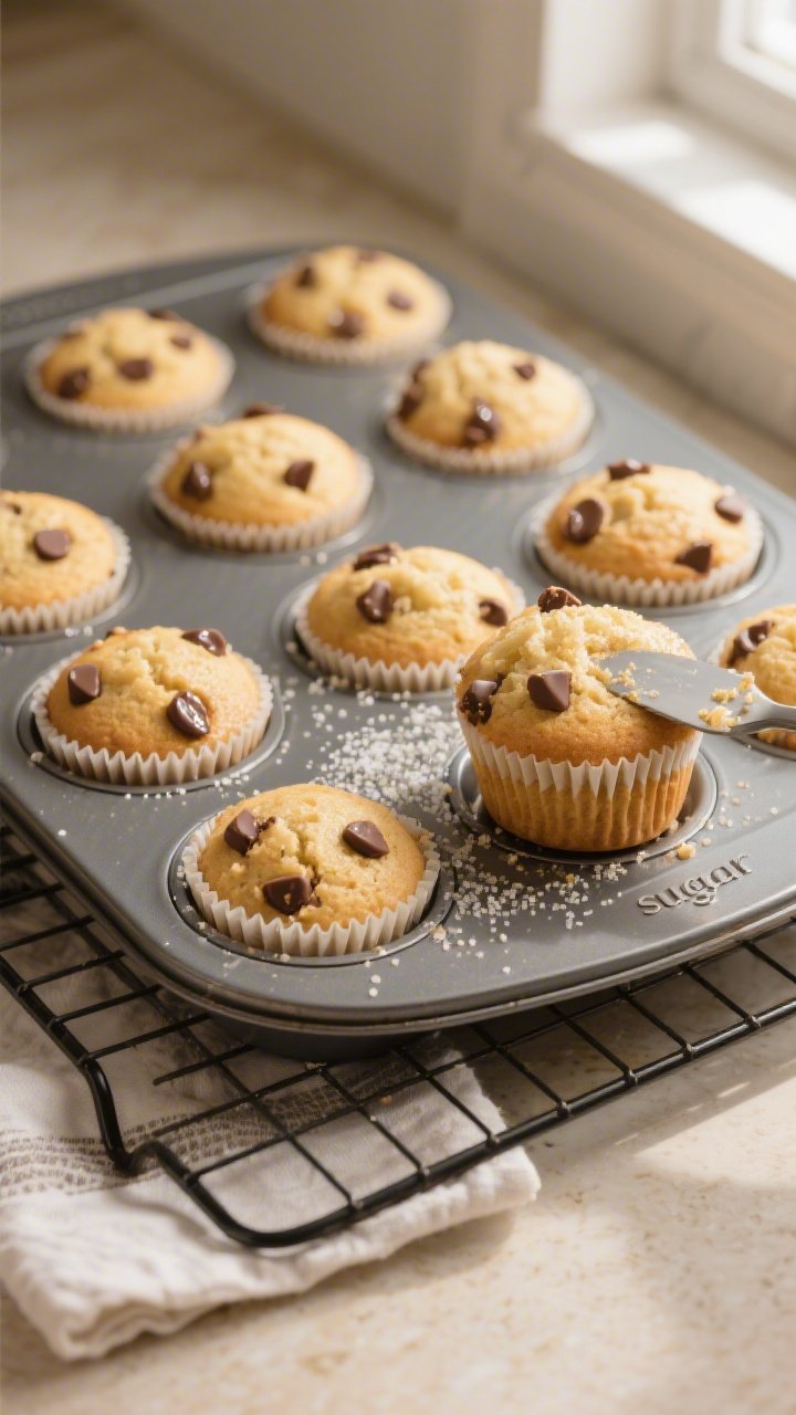 Overhead shot of freshly baked keto vanilla chocolate chip muffins cooling in a 12-cup muffin tin li