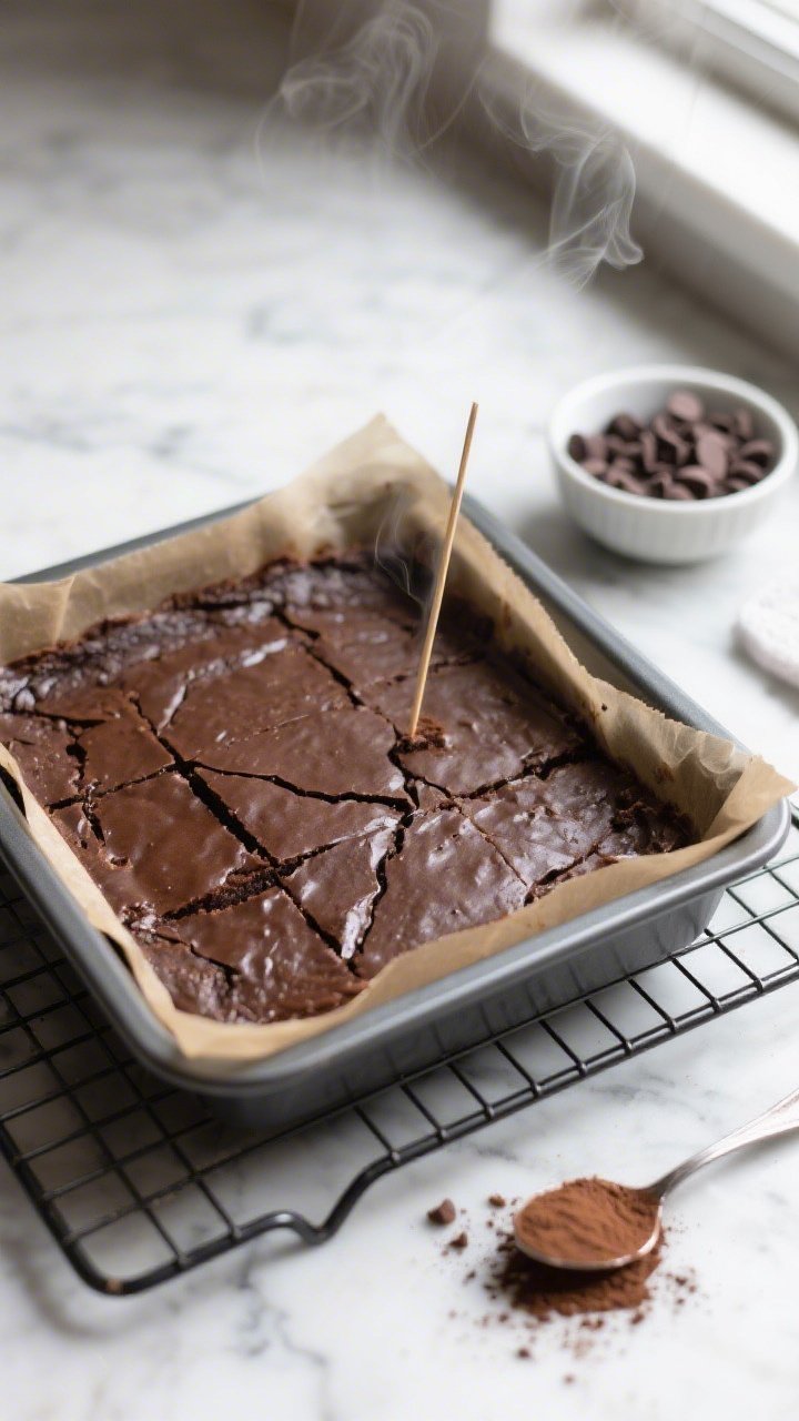 Overhead shot of freshly baked low-carb protein brownies cooling in an 8x8 parchment-lined pan on a