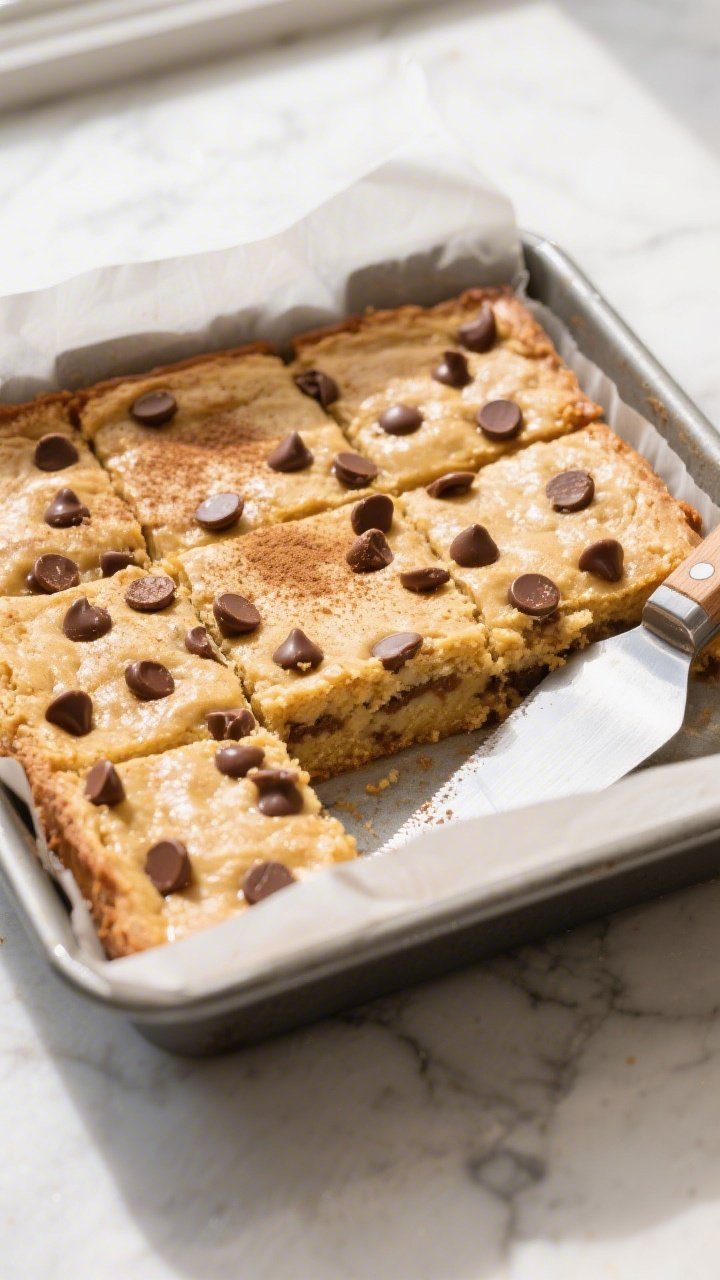 Overhead shot of freshly baked protein blondies just out of the oven in an 8x8-inch parchment-lined 