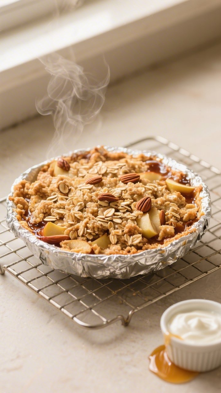 Overhead shot of freshly baked Protein-Packed Apple Crumble resting on a wire rack, golden-brown oat