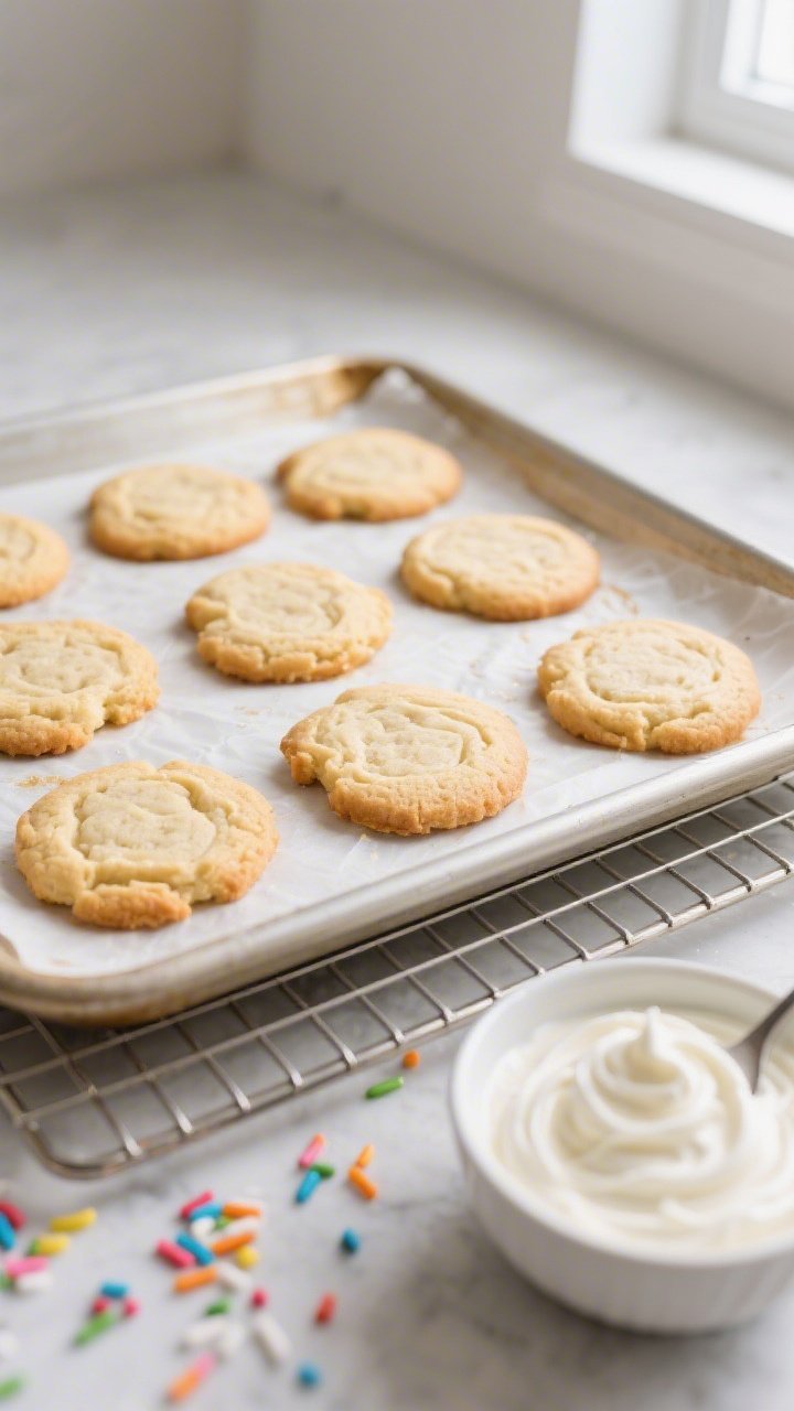 Overhead shot of freshly baked protein sugar cookies cooling on a parchment-lined sheet pan, edges s