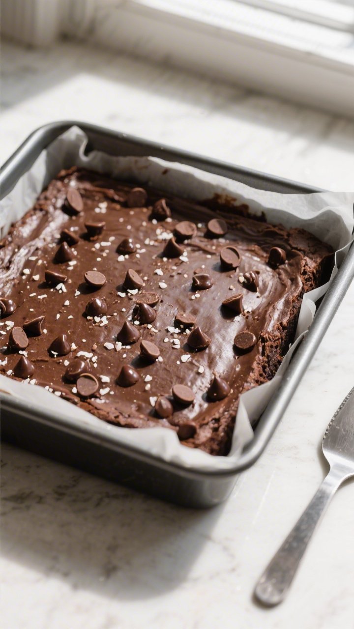 Overhead shot of freshly baked triple chocolate protein brownies cooling in an 8x8 pan lined with pa