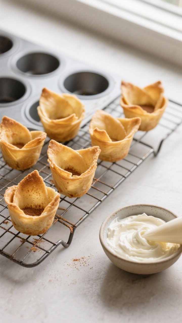 Overhead shot of freshly baked wonton wrapper cups cooling on a wire rack beside a muffin tin, golde