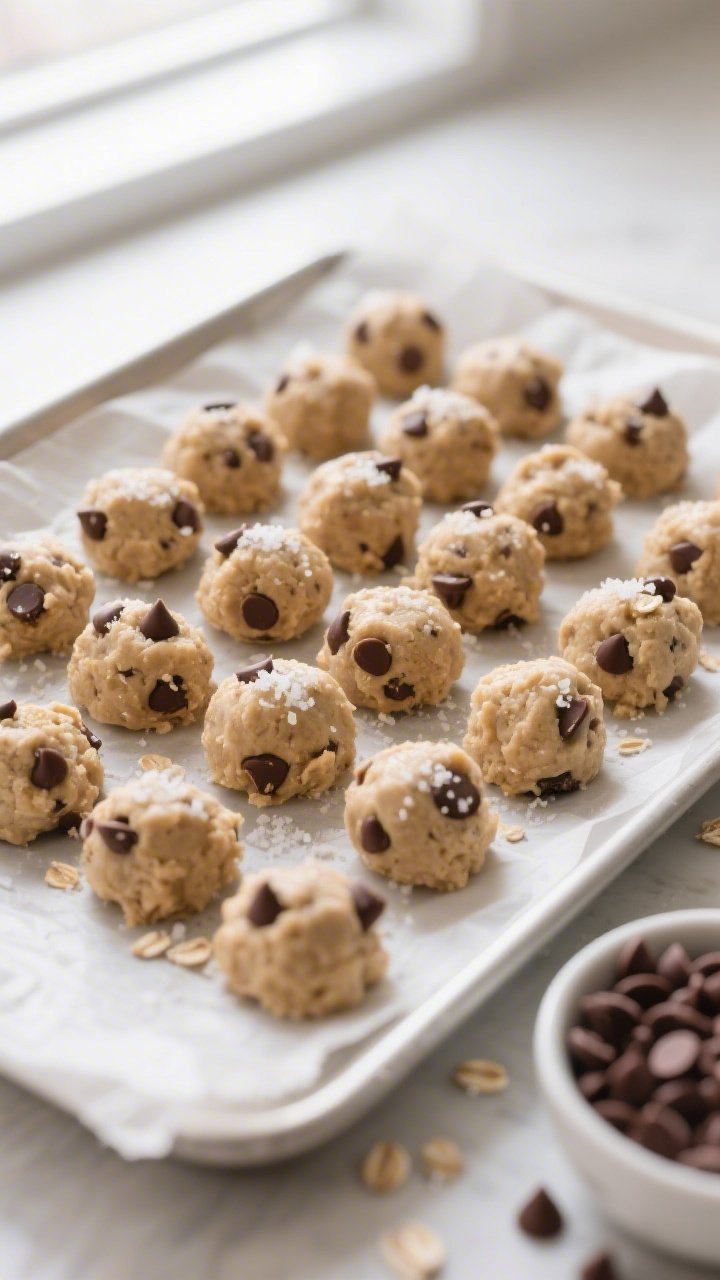 Overhead shot of freshly rolled chocolate chip protein cookie dough bites arranged in neat rows on a