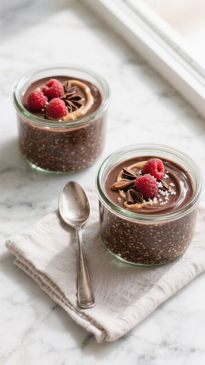 Overhead shot of fully set high-protein chocolate chia pudding portioned into two small glass jars, 