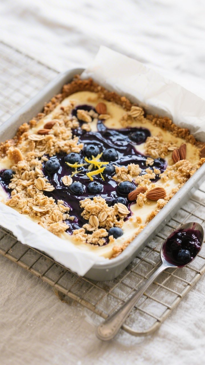 Overhead shot of High Protein Blueberry Cheesecake Crumble just out of the oven in an 8x8 pan: golde