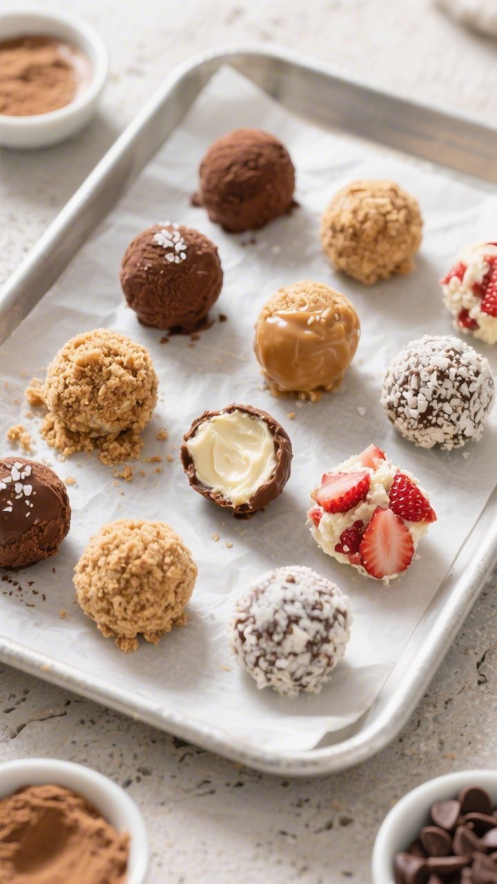 Overhead shot of perfectly rolled No Bake Protein Cheesecake Balls arranged on a parchment-lined tra