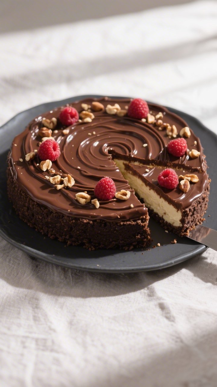 Overhead shot of the baked and chilled Low-Calorie Chocolate Hazelnut Cheesecake just after the fina