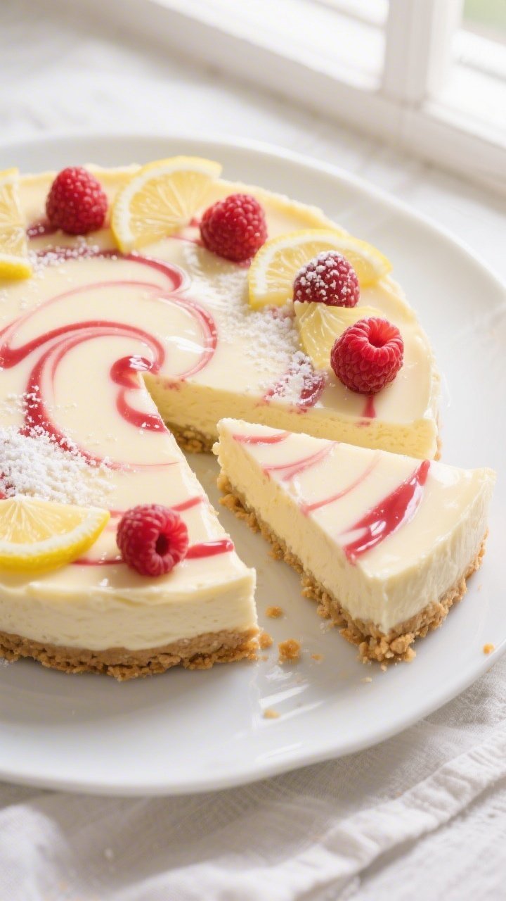 Overhead shot of the baked and chilled Low-Calorie Raspberry Lemon Cheesecake just after releasing t