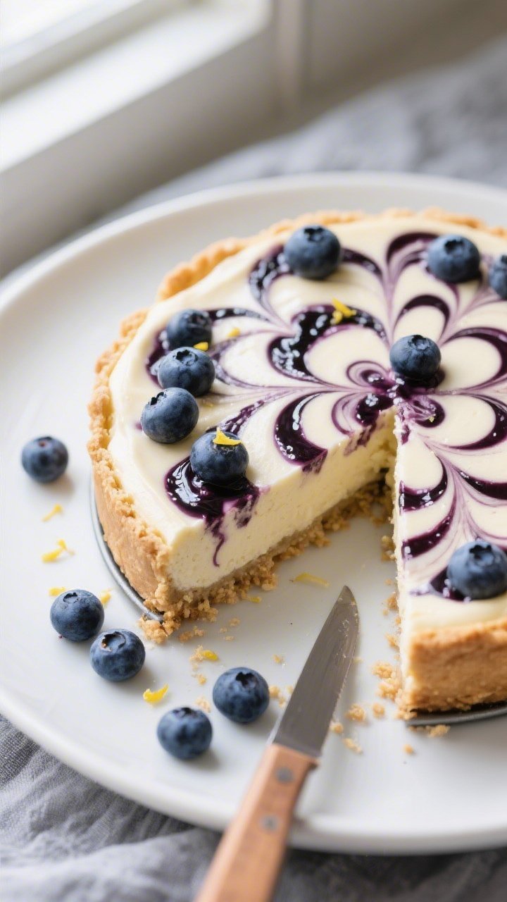 Overhead shot of the baked blueberry-swirl cheesecake just out of the springform pan, glossy marbled