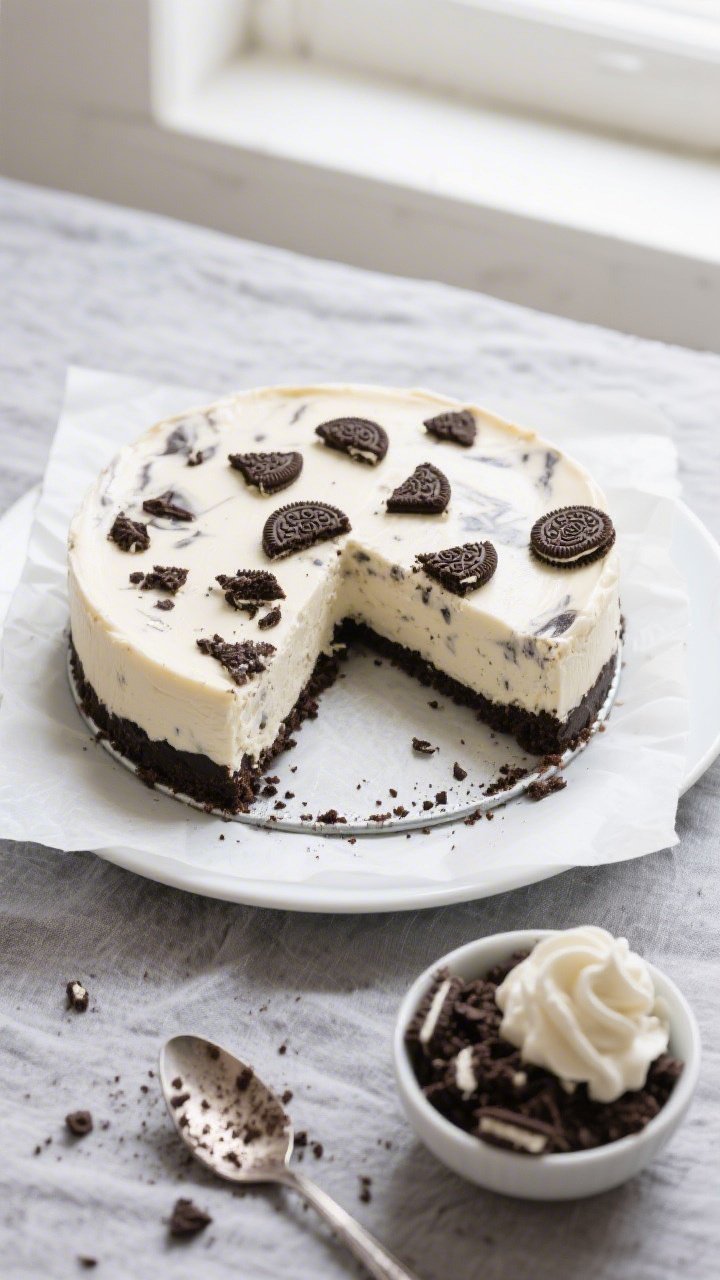 Overhead shot of the baked, chilled low-calorie cookies and cream cheesecake just after slicing: a c