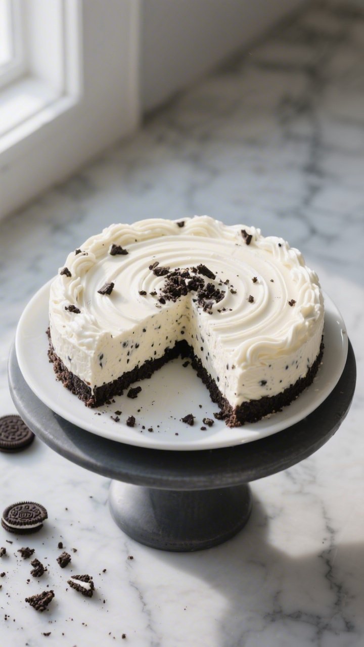 Overhead shot of the baked, fully chilled Low-Calorie Oreo Cheesecake just after releasing the 9-inc
