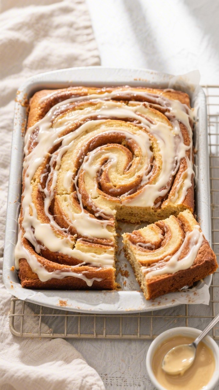 Overhead shot of the baked High Protein Cinnamon Roll Protein Cake just cooled and lifted from an 8x