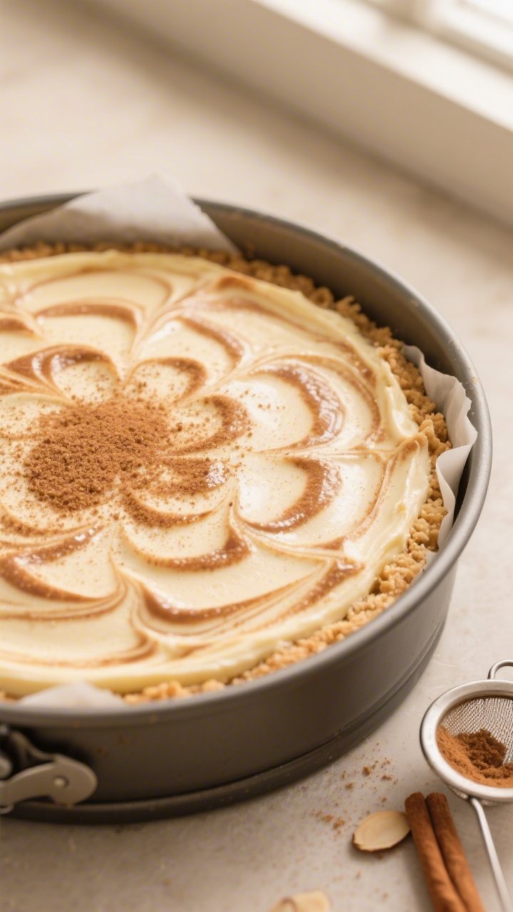 Overhead shot of the baked Low-Calorie Snickerdoodle Cheesecake in an 8–9 inch springform pan just