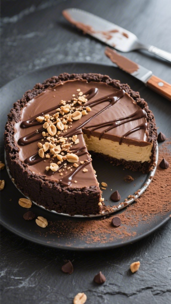 Overhead shot of the fully chilled Chocolate Peanut Butter Protein Cheesecake on a 9-inch springform