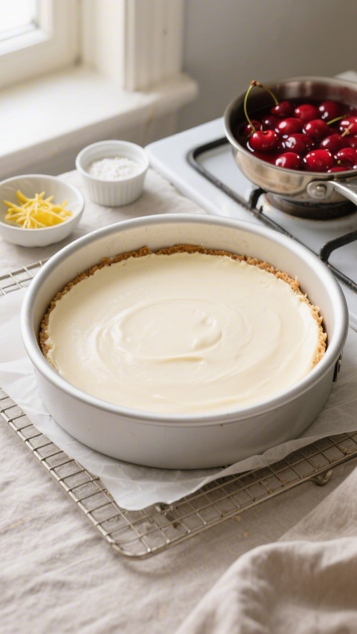 Overhead shot of the low-calorie cherry cheesecake just after baking and cooling in the springform p