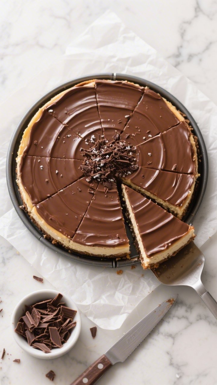 Overhead “tasty top view” of the whole cheesecake after chilling and topping: sat in a 9-inch sp