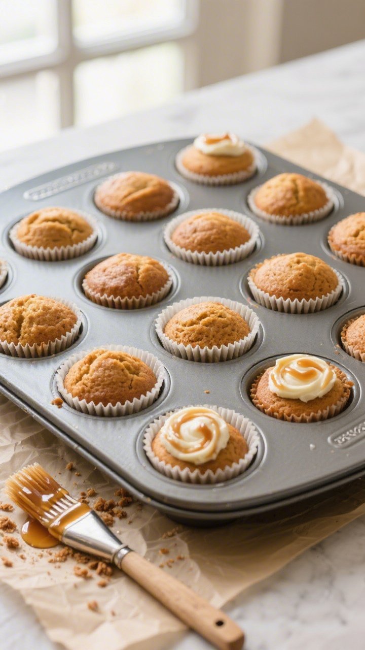 Tasty top view (final presentation): Overhead shot of a 12-cup muffin tin filled with evenly domed,