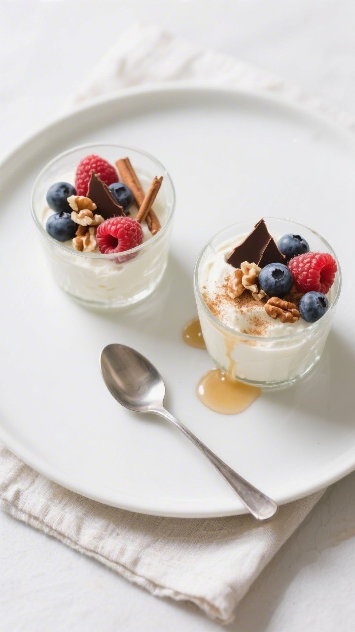 Tasty top view final presentation: Overhead shot of chilled Vanilla Protein Ricotta Dessert spooned