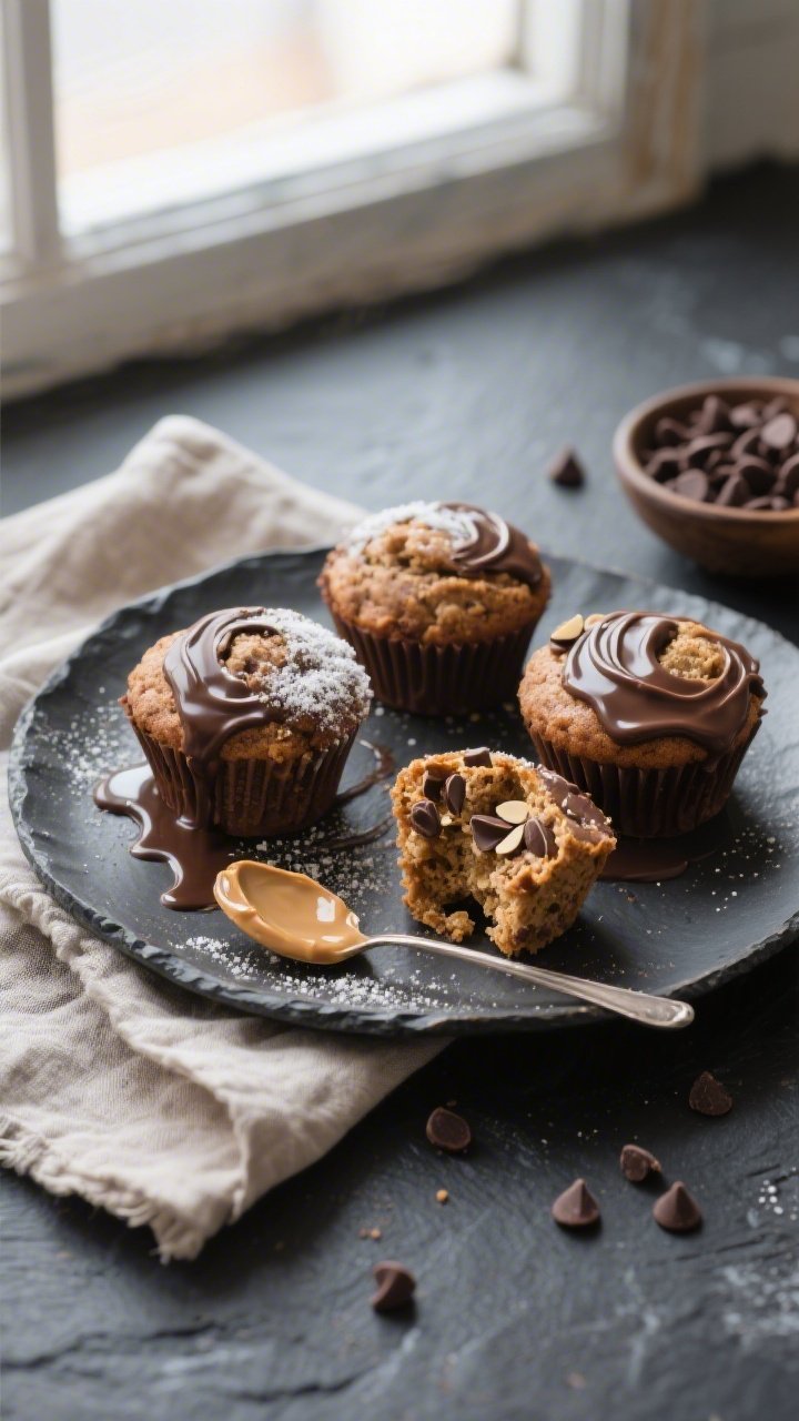 Tasty top view final presentation: Overhead shot of a rustic plate with three keto chocolate peanut