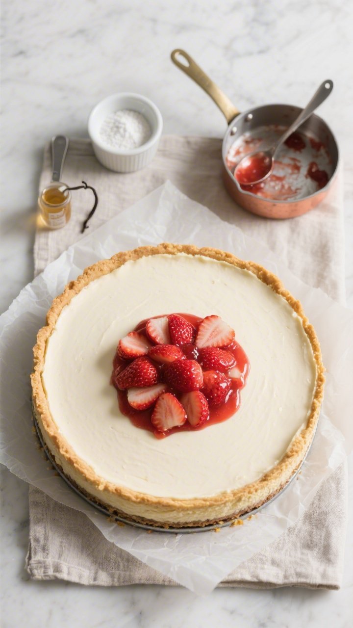 Tasty top view (process/final): Overhead shot of the fully set cheesecake on a parchment-lined sprin