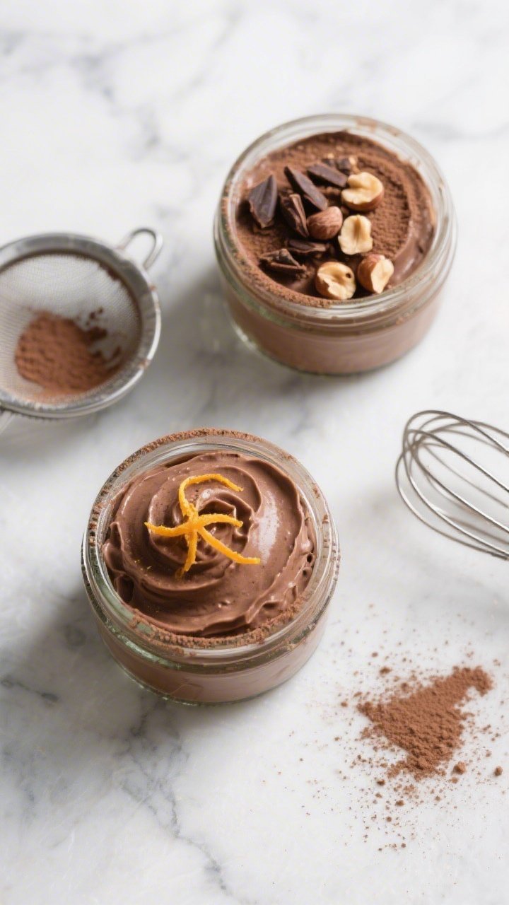 Tasty top view, process-to-serve moment: Overhead shot of two small jars of finished chocolate mouss