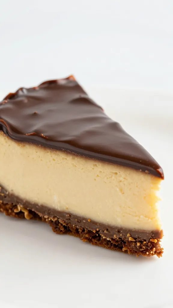 closeup slice of chocolate peanut butter cheesecake with ganache drip